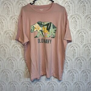 Old Navy Mens XL Pink Graphic T-Shirt Floral Grizzly Bear Soft-Washed Tee